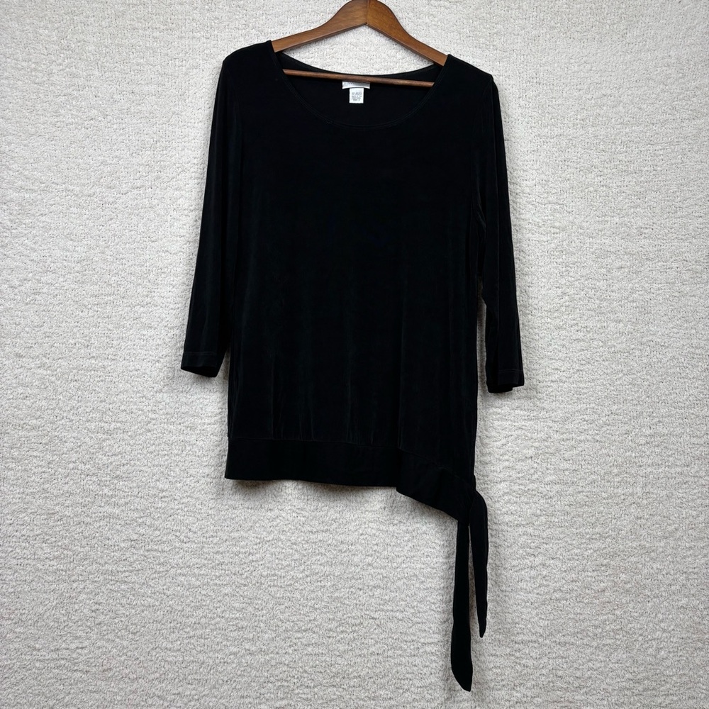 Chico's Travelers Top Womens 2 Lg/12 Black Stretch Split Hem Tie Closure Career